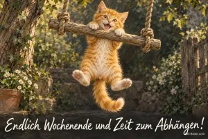 Rotes Kätzchen hängt fröhlich an einer Holzschaukel, Text: Endlich Wochenende und Zeit zum Abhängen!