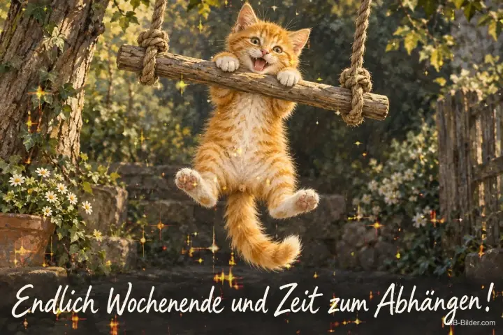 Rotes Kätzchen hängt fröhlich an einer Holzschaukel, Text: Endlich Wochenende und Zeit zum Abhängen! Rotes Kätzchen hängt fröhlich an einer Holzschaukel, Text: Endlich Wochenende und Zeit zum Abhängen!
