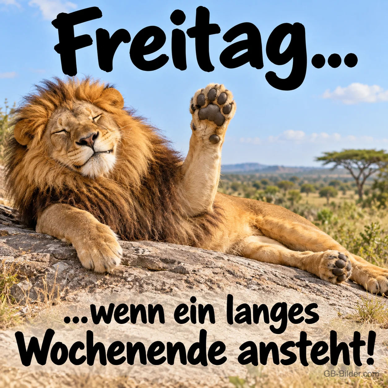 Löwe liegt entspannt auf einem Felsen und winkt mit der Pfote, Text: Freitag... ...wenn ein langes Wochenende ansteht!