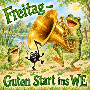 Frösche spielen Tuba und tanzen mit einer Musiknote, Text: Freitag – Guten Start ins WE