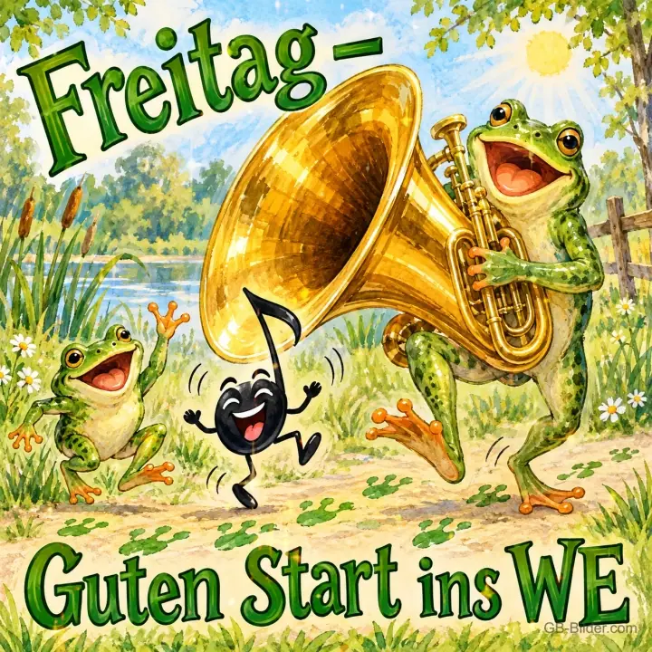 Frösche spielen Tuba und tanzen mit einer Musiknote, Text: Freitag – Guten Start ins WE
