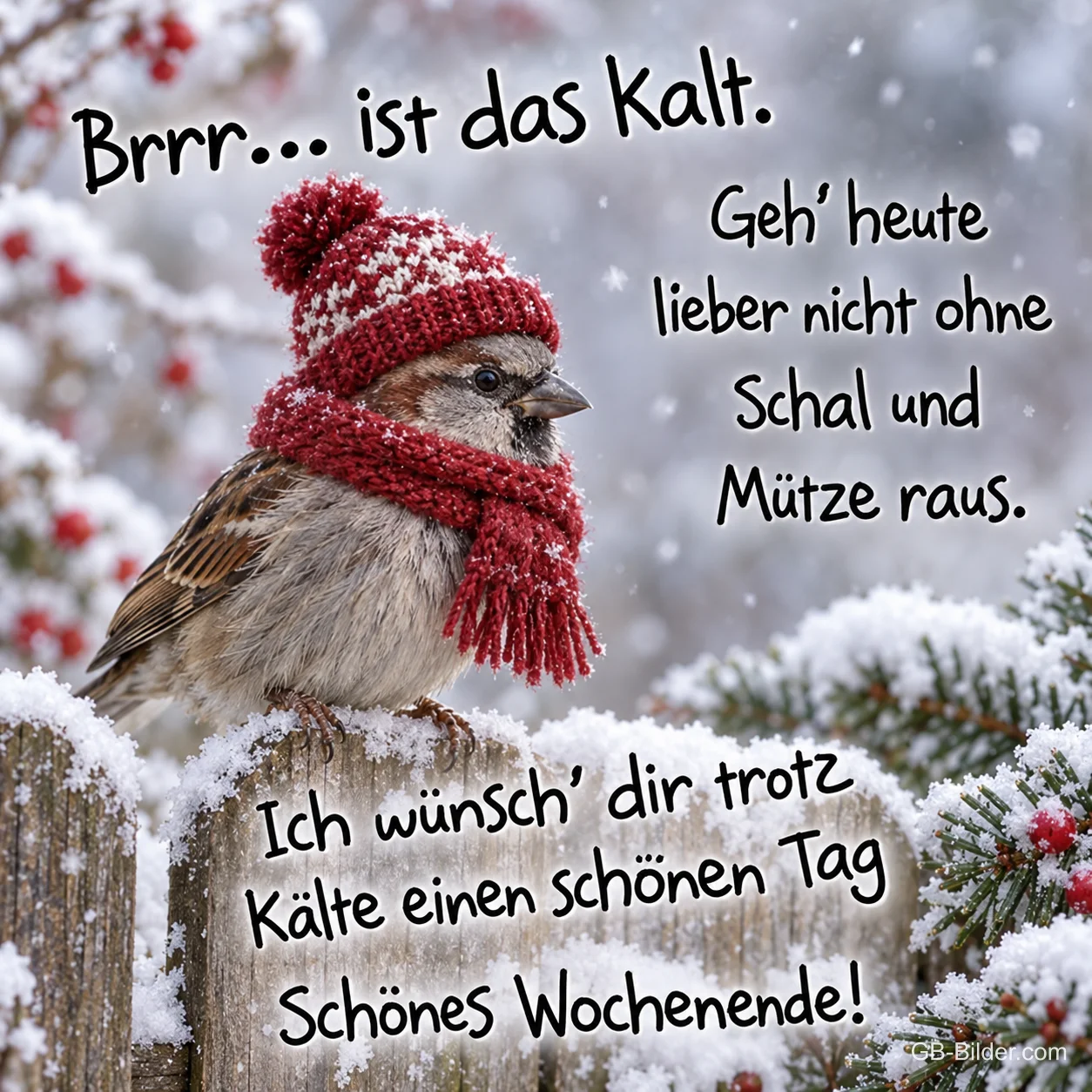 Spatz mit Mütze im Schnee, Text: Brrr
