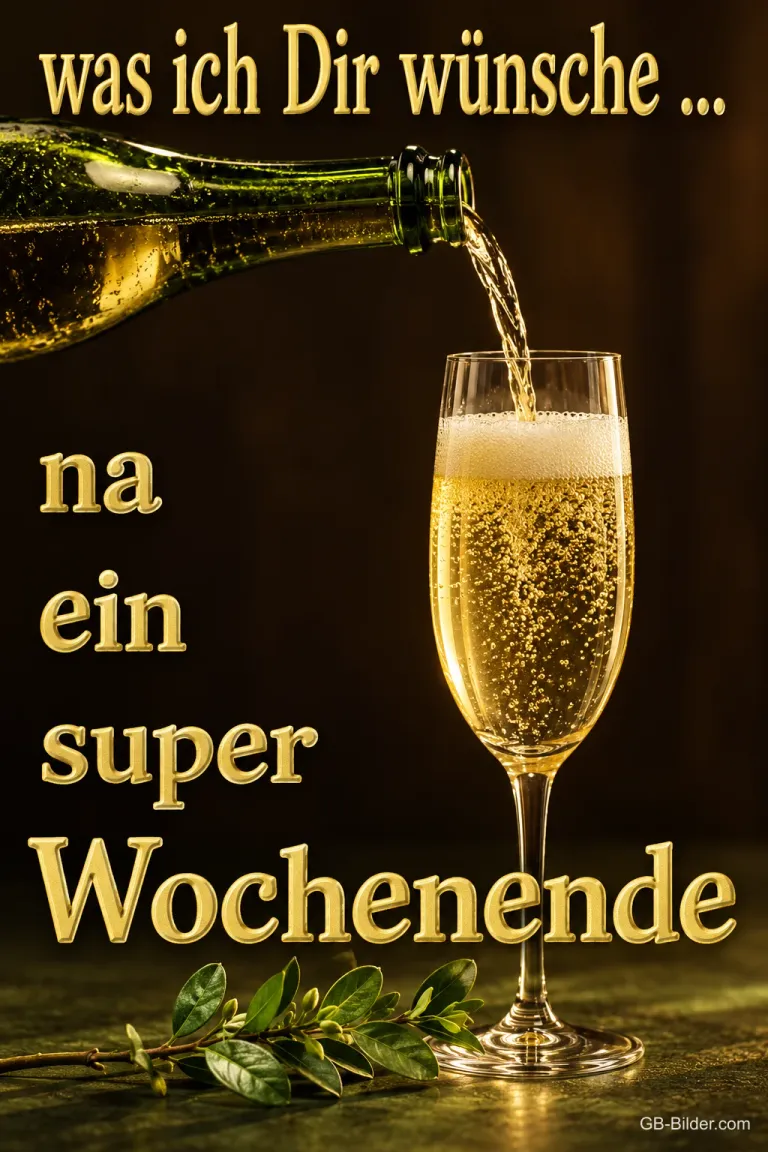 Sekt wird in ein Glas eingeschenkt, Text: Was ich Dir wünsche … na ein super Wochenende