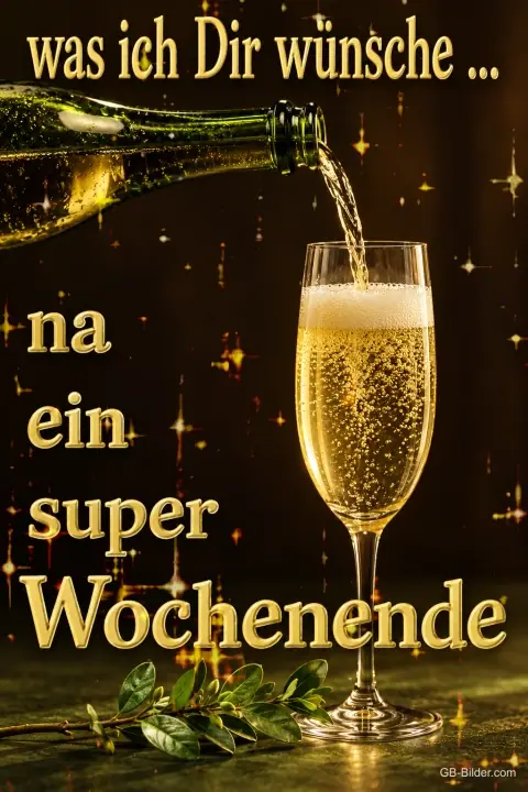 Sekt wird in ein Glas eingeschenkt, Text: Was ich Dir wünsche … na ein super Wochenende