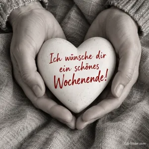 Hände halten ein helles Steinherz, Text: Ich wünsche dir ein schönes Wochenende!