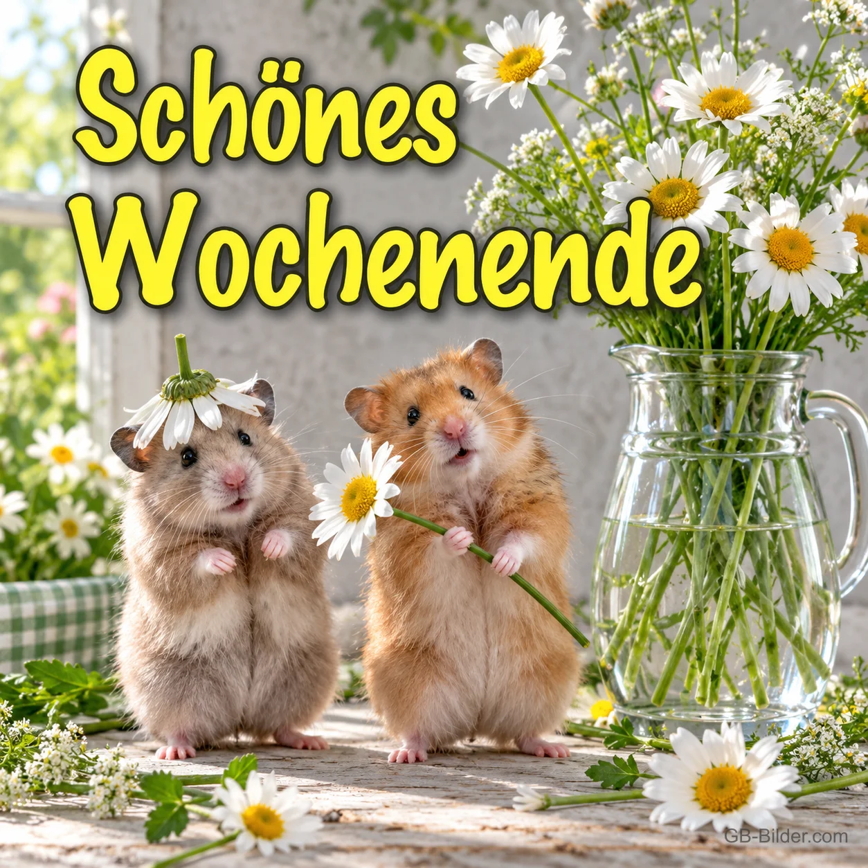 Zwei Hamster mit Gänseblümchen vor einem Glas mit Blumen, Text: Schönes Wochenende