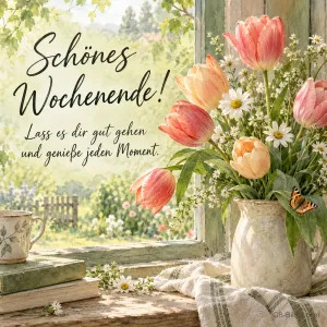 Tulpen in einem Krug am offenen Fenster, Text: Schönes Wochenende! Lass es dir gut gehen und genieße jeden Moment.