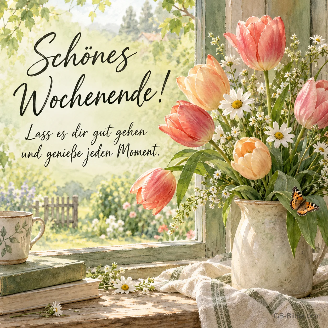 Tulpen in einem Krug am offenen Fenster, Text: Schönes Wochenende! Lass es dir gut gehen und genieße jeden Moment.