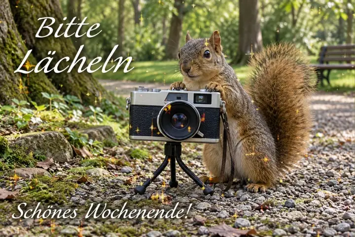 Eichhörnchen steht hinter einer alten Kamera auf einem Stativ im Park, Text: Bitte Lächeln – Schönes Wochenende!