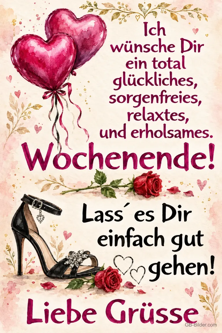Herzballons und Pumps, Text: Ich wünsche Dir ein total glückliches, sorgenfreies, relaxtes, und erh