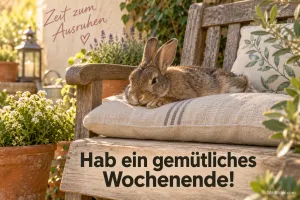 Hase auf der Gartenbank, Text: Zeit zum Ausruhen