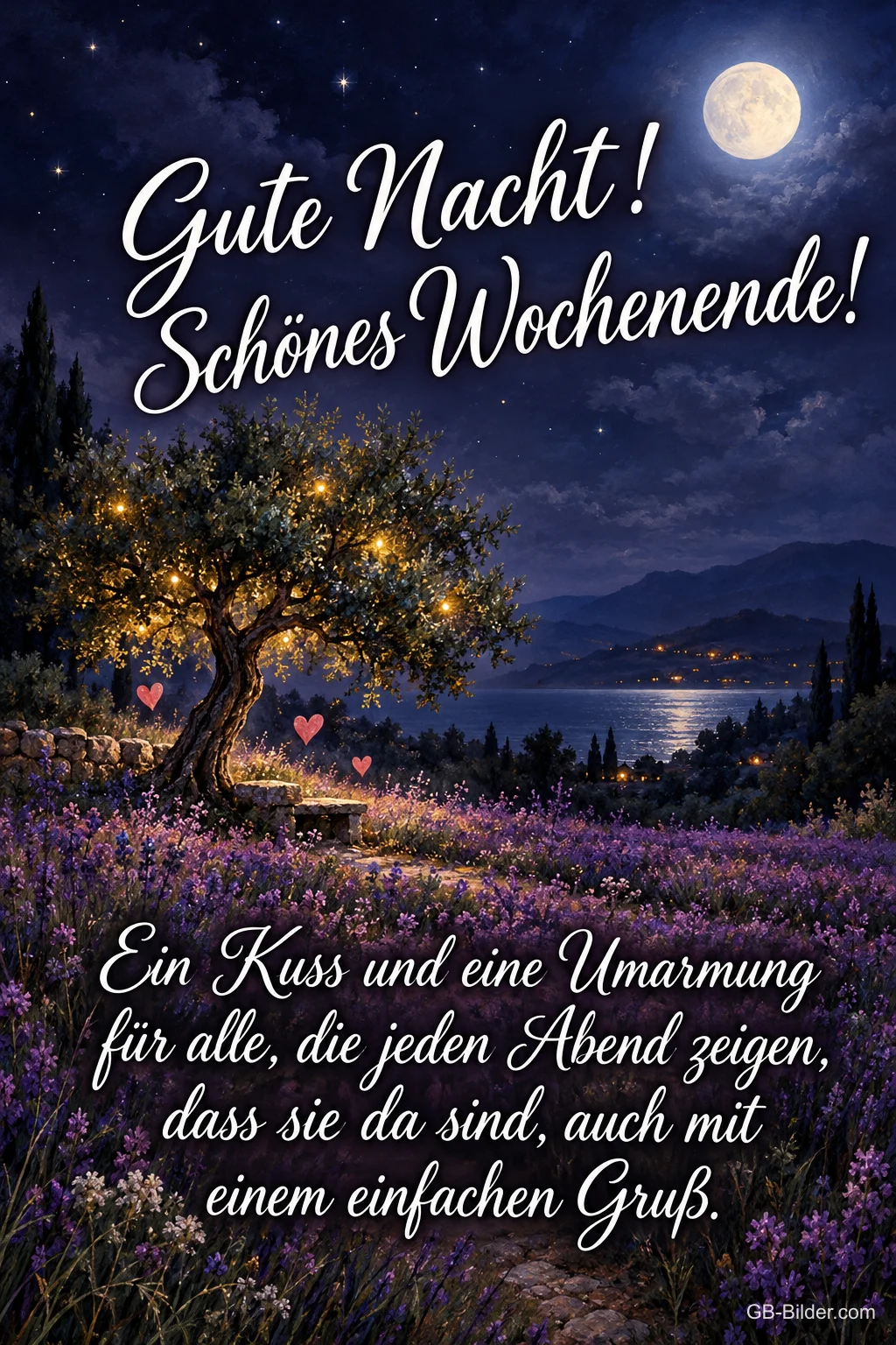 Leuchtender Baum bei Vollmond, Text: Gute Nacht