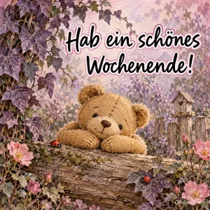 Teddybär lehnt auf einem Baumstamm zwischen Blumen und Marienkäfern, Text: Hab ein schönes Wochenende!