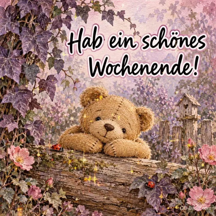 Teddybär lehnt auf einem Baumstamm zwischen Blumen und Marienkäfern, Text: Hab ein schönes Wochenende!