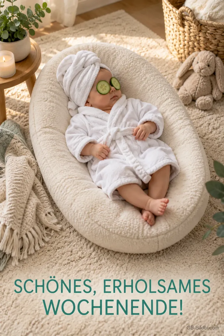 Baby mit Gurkenscheiben, Text: Schönes, erholsames Wochenende