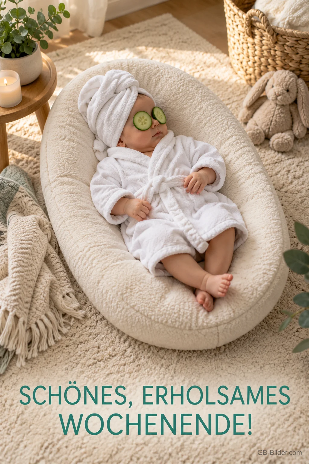 Baby mit Gurkenscheiben, Text: Schönes, erholsames Wochenende