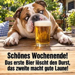 Englische Bulldogge liegt schielend vor einem Glas Bier im Biergarten, Text: Schönes Wochenende! Das erste Bier löscht den Durst, das zweite macht gute Laune!