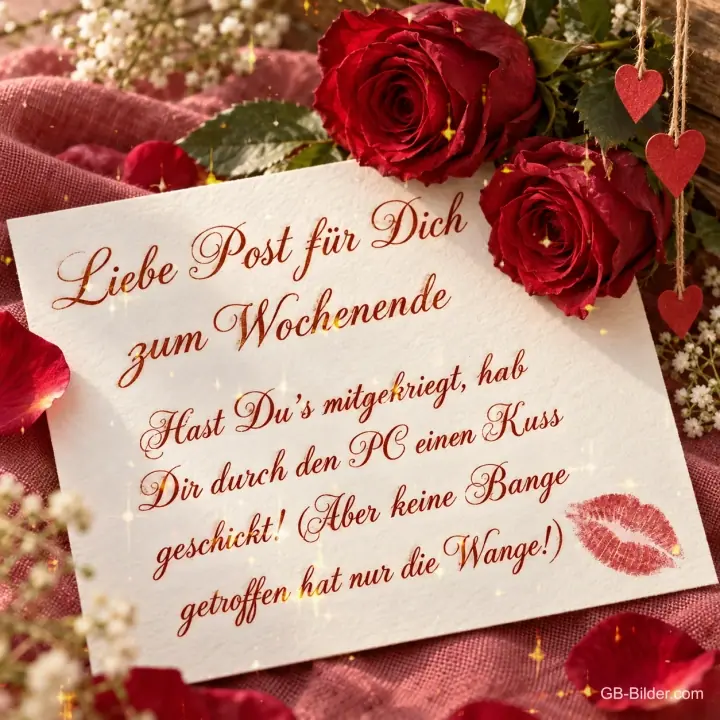 Briefkarte mit Kussmund zwischen roten Rosen, Text: Liebe Post für Dich zum Wochenende – Hast Du’s mitgekriegt, hab Dir durch den PC einen Kuss geschickt! (Aber keine Bange, getroffen hat nur die Wange!)