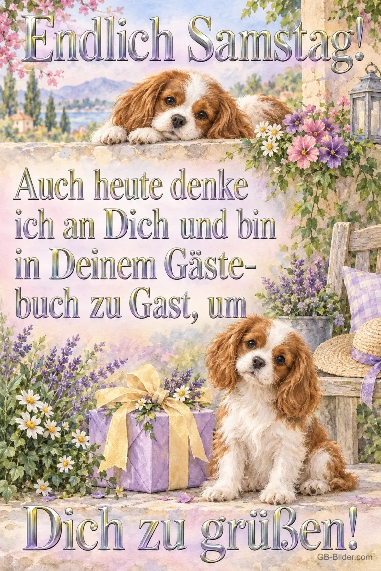 Zwei Cavalier-Welpen neben einem Geschenk im Blumengarten, Text: Endlich Samstag! Auch heute denke ich an Dich und bin in Deinem Gästebuch zu Gast, um Dich zu grüßen!