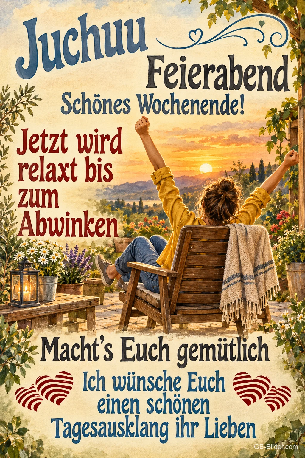 Frau im Gartenstuhl im Sonnenuntergang, Text: Juchuu Feierabend