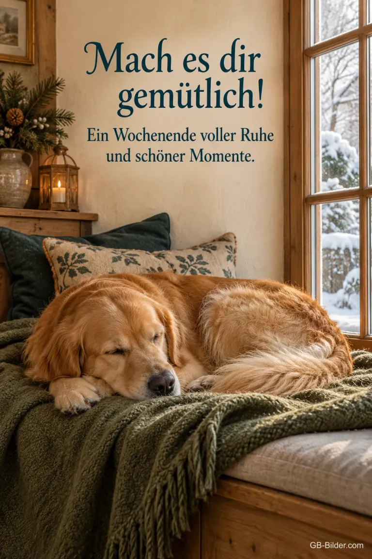 Schlafender Hund am Winterfenster, Text: Mach es dir gemütlich