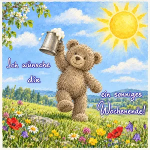 Teddybär hebt einen Bierkrug auf einer Blumenwiese, Text: Ich wünsche dir ein sonniges Wochenende!