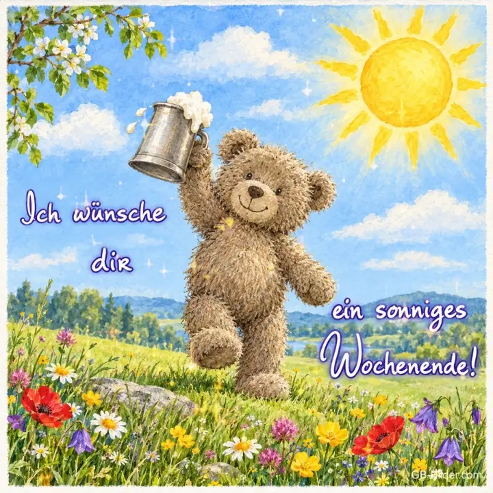 Teddybär hebt einen Bierkrug auf einer Blumenwiese, Text: Ich wünsche dir ein sonniges Wochenende!