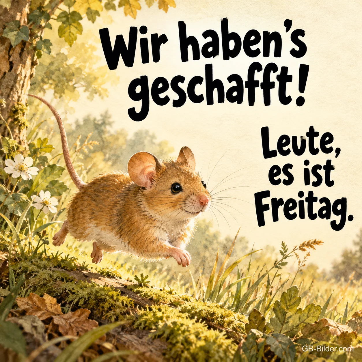 Springende Maus, Text: Wir haben es geschafft, Freitag, Text: Wir haben's geschafft