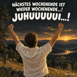 Mann reißt jubelnd die Arme hoch auf einem Hügel bei Sonnenuntergang, Text: Nächstes Wochenende ist wieder Wochenende…! JUHUUUUUI…!