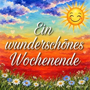 Lachende Sonne über der Wiese, Text: Ein wunderschönes Wochenende
