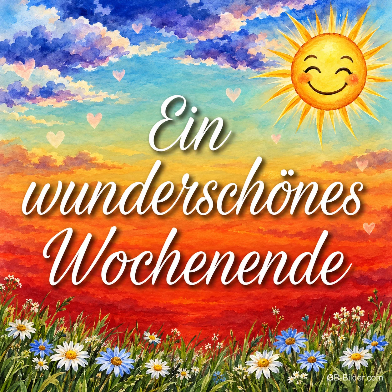 Lachende Sonne über der Wiese, Text: Ein wunderschönes Wochenende