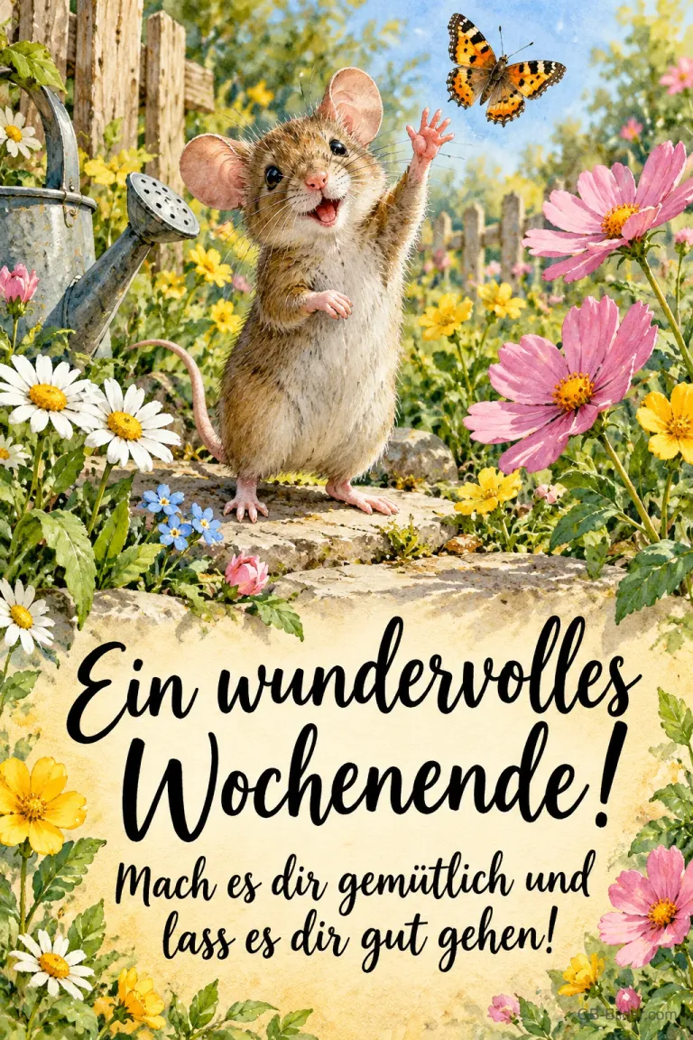Maus steht auf den Hinterbeinen und winkt fröhlich zwischen Blumen, Text: Ein wundervolles Wochenende! Mach es dir gemütlich und lass es dir gut gehen!