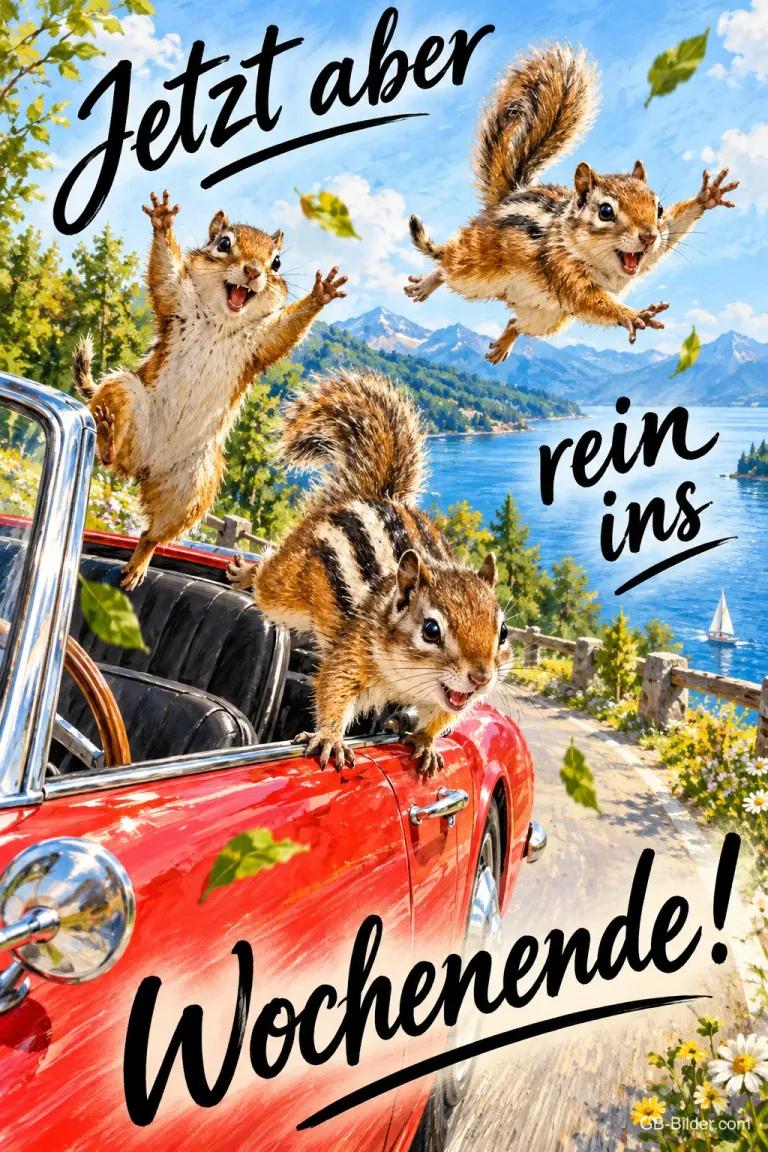 Drei Streifenhörnchen springen jubelnd aus einem roten Cabrio an einem Bergsee, Text: Jetzt aber rein ins Wochenende!