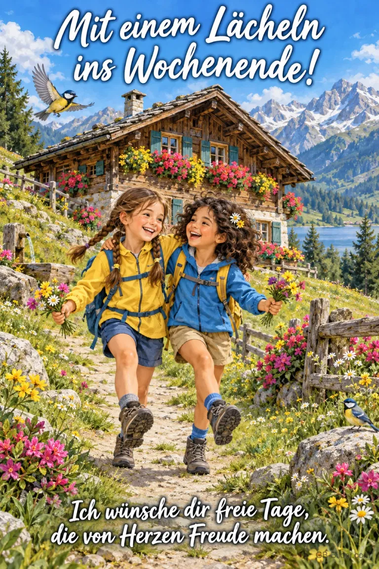 Zwei lachende Mädchen mit Rucksäcken wandern an einer Berghütte vorbei, Text: Mit einem Lächeln ins Wochenende! – Ich wünsche dir freie Tage, die von Herzen Freude machen.
