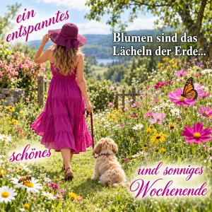 Frau im pinken Kleid geht mit einem kleinen Hund über eine Blumenwiese, Text: ein entspanntes schönes und sonniges Wochenende – Blumen sind das Lächeln der Erde…