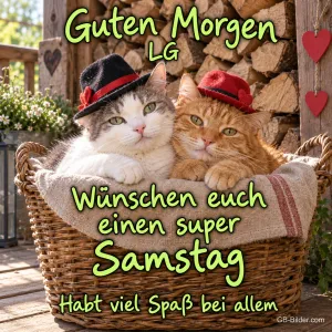 Katzen mit Hüten im Korb, Text: Guten Morgen LG