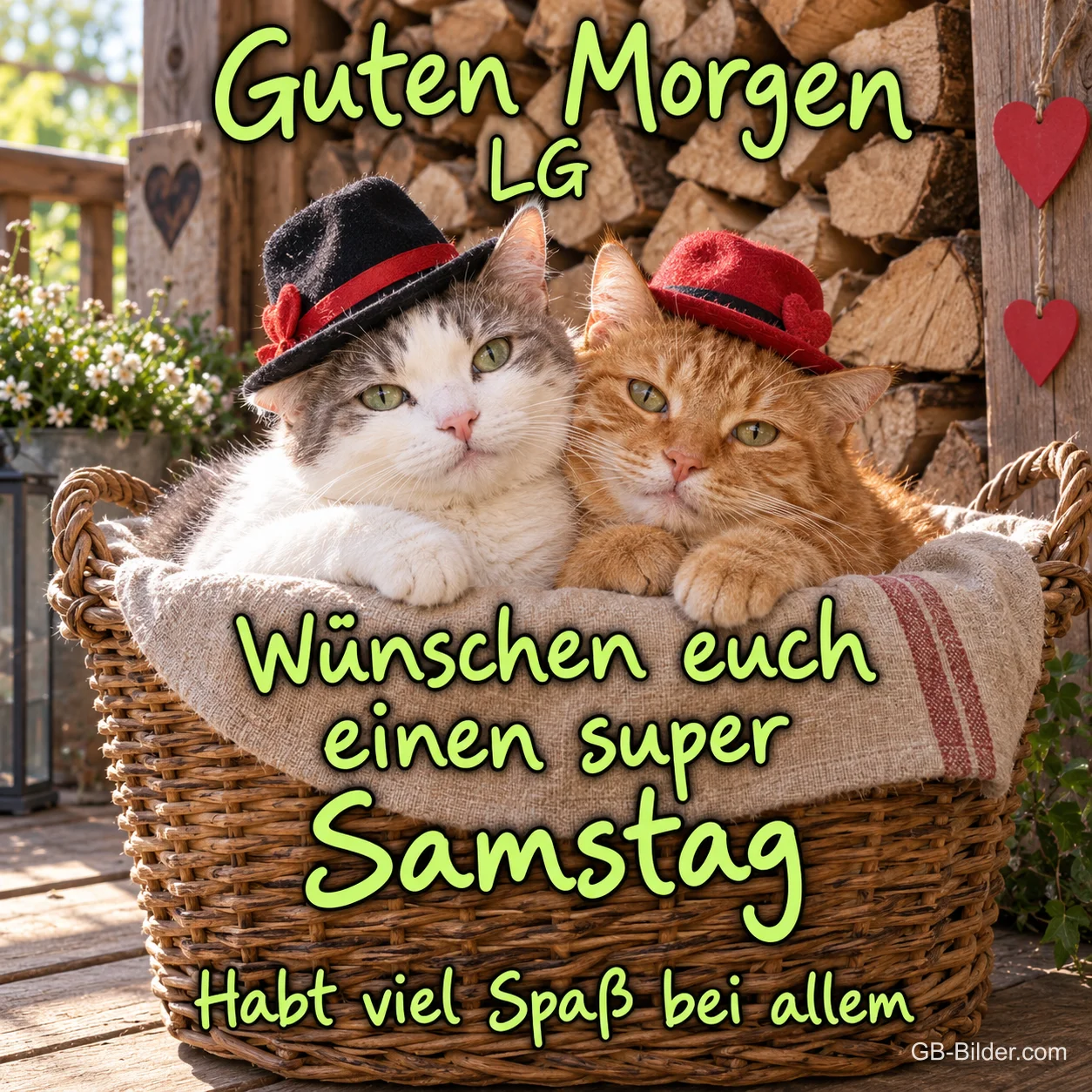 Katzen mit Hüten im Korb, Text: Guten Morgen LG