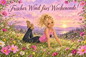Blondes Mädchen liegt lächelnd in einer Blumenwiese bei Sonnenuntergang, Text: Frischer Wind fürs Wochenende!