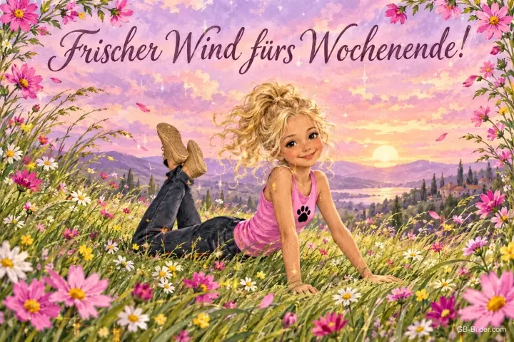 Blondes Mädchen liegt lächelnd in einer Blumenwiese bei Sonnenuntergang, Text: Frischer Wind fürs Wochenende!