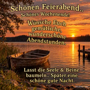 Ruderboot am See im Sonnenuntergang, Text: Schönen Feierabend