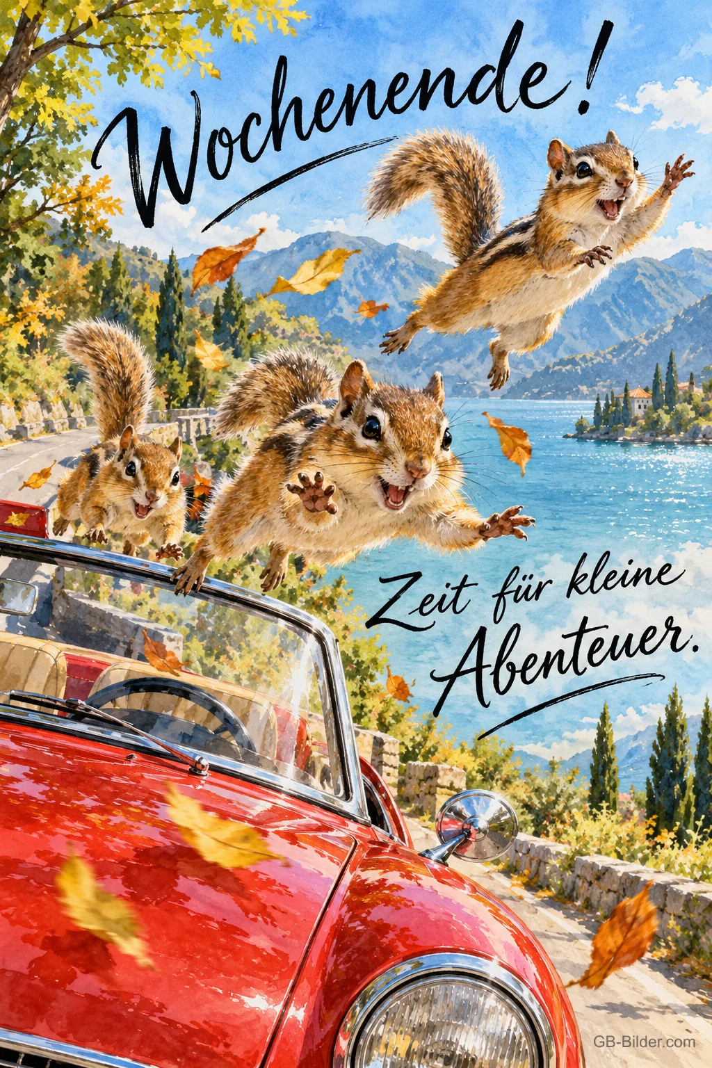 Drei Streifenhörnchen hüpfen fröhlich aus einem roten Cabrio, Herbstblätter fliegen, Text: Wochenende! Zeit für kleine Abenteuer.