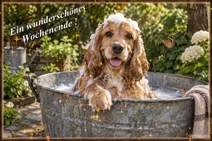 Cockerspaniel mit Schaum auf dem Kopf in einer Zinkwanne, Text: Ein wunderschönes Wochenende!