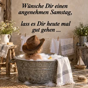 Kind in der Zinkwanne, Text: Wünsche Dir einen angenehmen Samstag, lass es Dir heute mal gut gehen