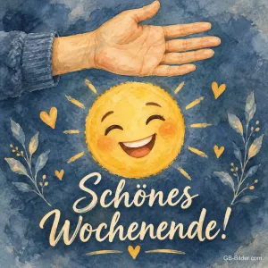 Hand über einer lachenden Sonne auf blauem Grund, Text: Schönes Wochenende!