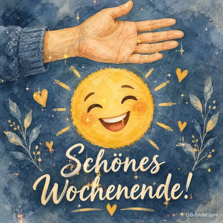Hand über einer lachenden Sonne auf blauem Grund, Text: Schönes Wochenende!