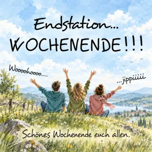 Jubelnde Freunde auf der Wiese, Text: Endstation