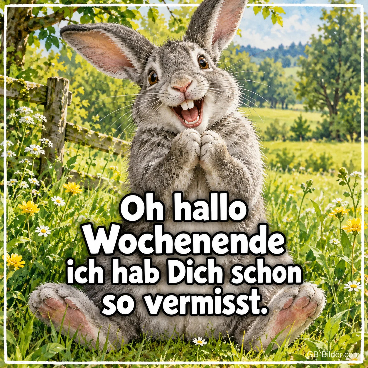 Hase hält begeistert die Pfoten zusammen auf einer Sommerwiese, Text: Oh hallo Wochenende ich hab Dich schon so vermisst. Hase hält begeistert die Pfoten zusammen auf einer Sommerwiese, Text: Oh hallo Wochenende ich hab Dich schon so vermisst.