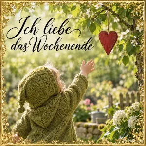 Kleines Kind im grünen Strickmantel greift nach einem Holzherz im Garten, Text: Ich liebe das Wochenende