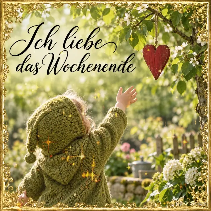 Kleines Kind im grünen Strickmantel greift nach einem Holzherz im Garten, Text: Ich liebe das Wochenende
