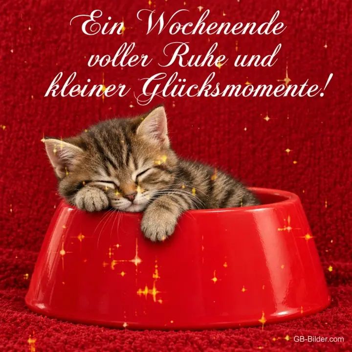 Getigertes Kätzchen schläft in einem roten Napf, Text: Ein Wochenende voller Ruhe und kleiner Glücksmomente!